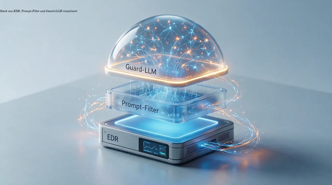 Stack aus EDR, Prompt-Filter und Guard-LLM visualisiert