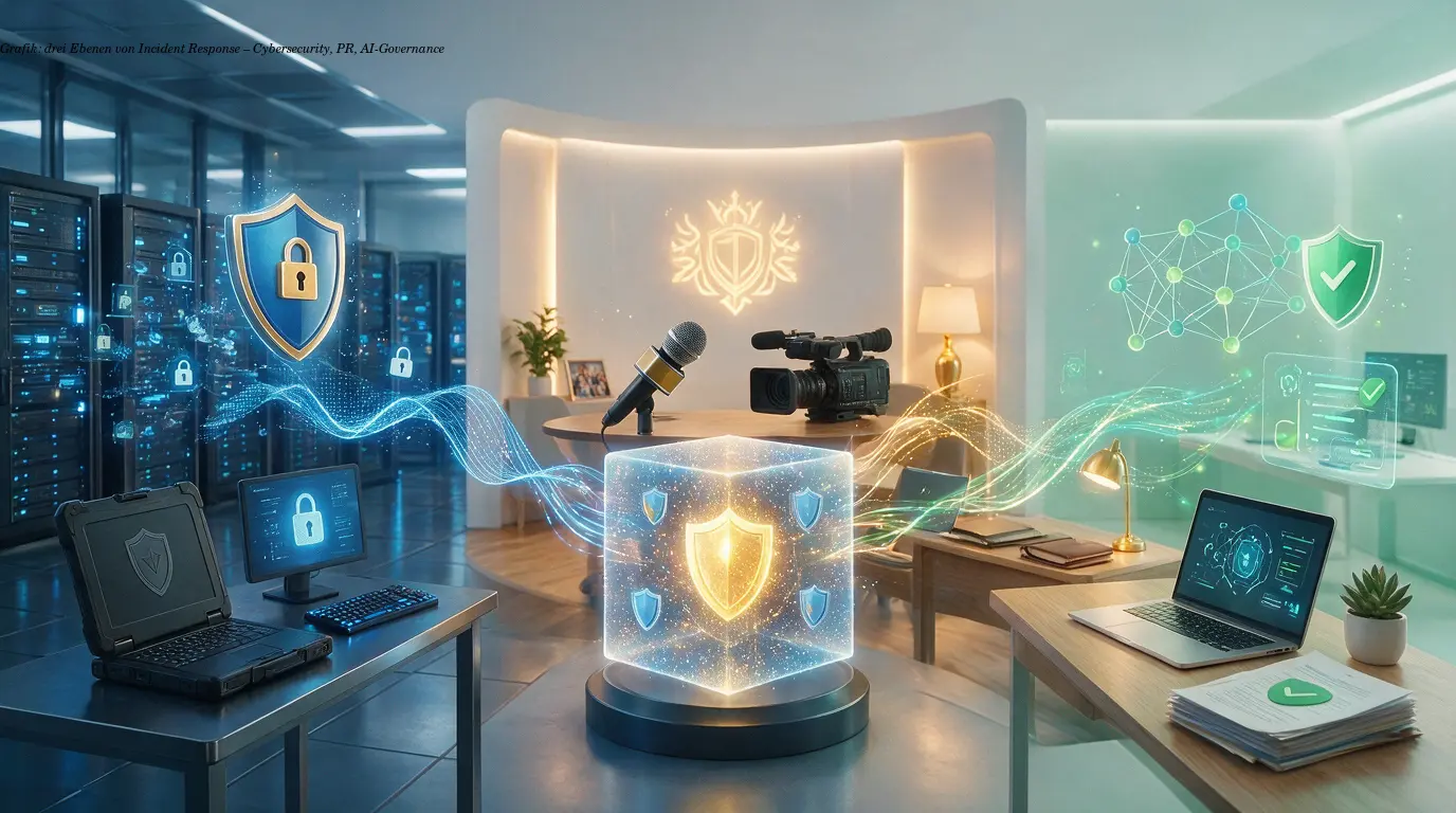 Grafik: drei Ebenen von Incident Response – Cybersecurity, PR, AI-Governance