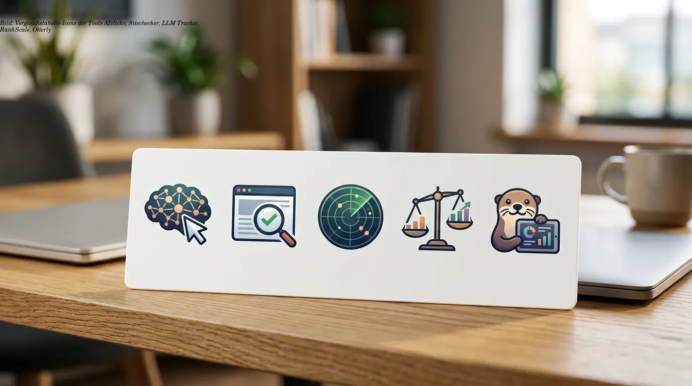 Bild: Vergleichstabelle-Icons der Tools AIclicks, Sitechecker, LLM Tracker, RankScale, Otterly
