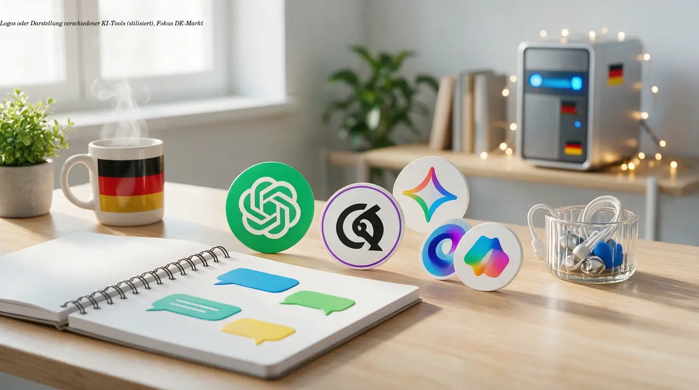 Logos oder Darstellung verschiedener KI-Tools (stilisiert), Fokus DE-Markt