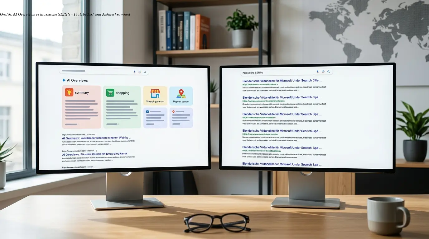 Grafik: AI Overviews vs klassische SERPs – Platzbedarf und Aufmerksamkeit