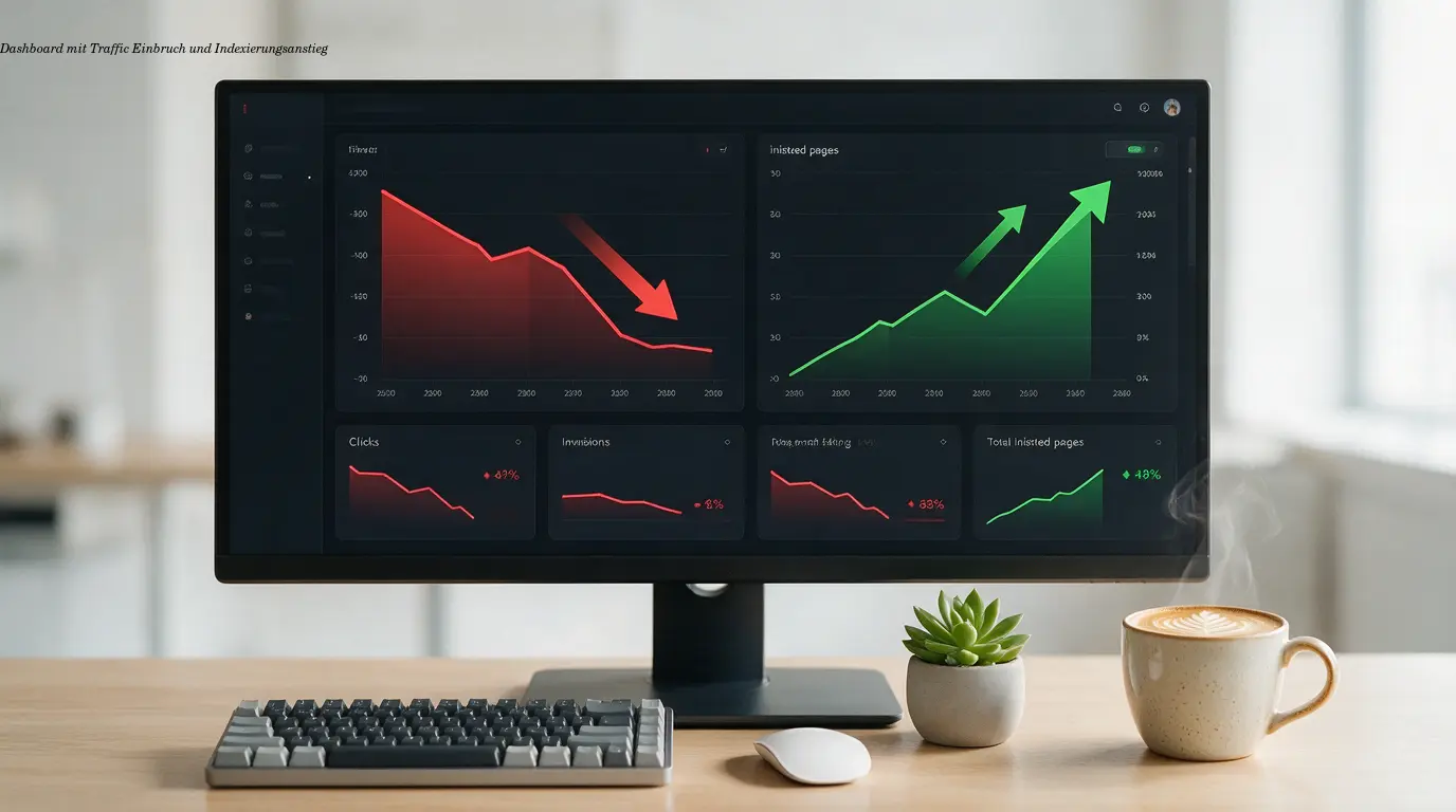 Dashboard mit Traffic‑Einbruch und Indexierungsanstieg