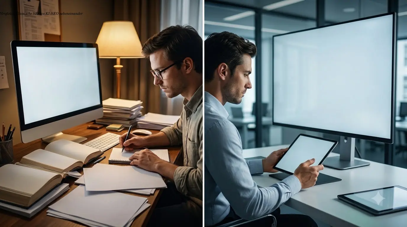 Vergleich Klassische SEO vs KI-SEO nebeneinander