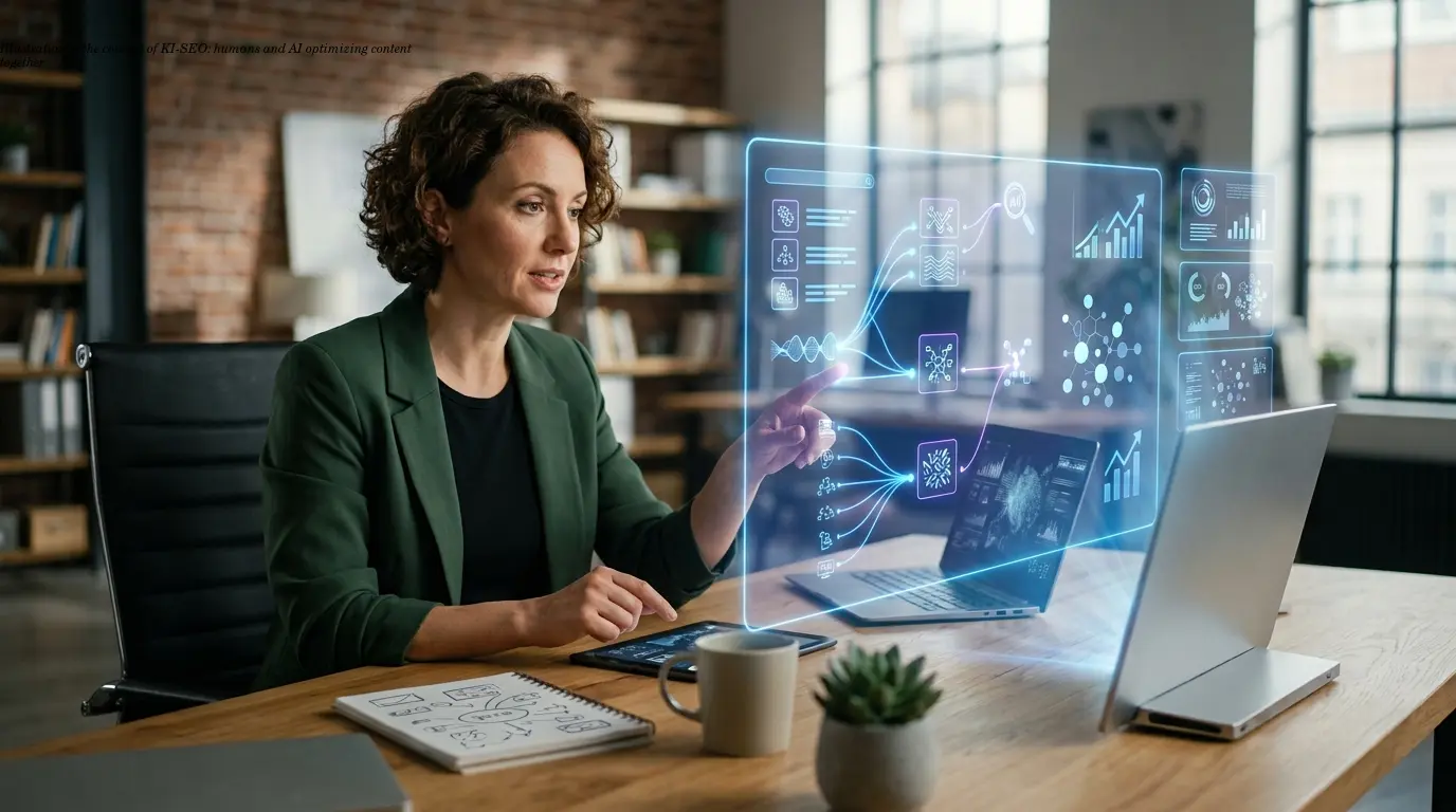 Illustration of the concept of KI-SEO: humans and AI optimizing content together