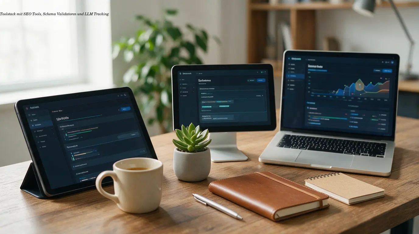 Toolstack mit SEO‑Tools, Schema‑Validatoren und LLM‑Tracking