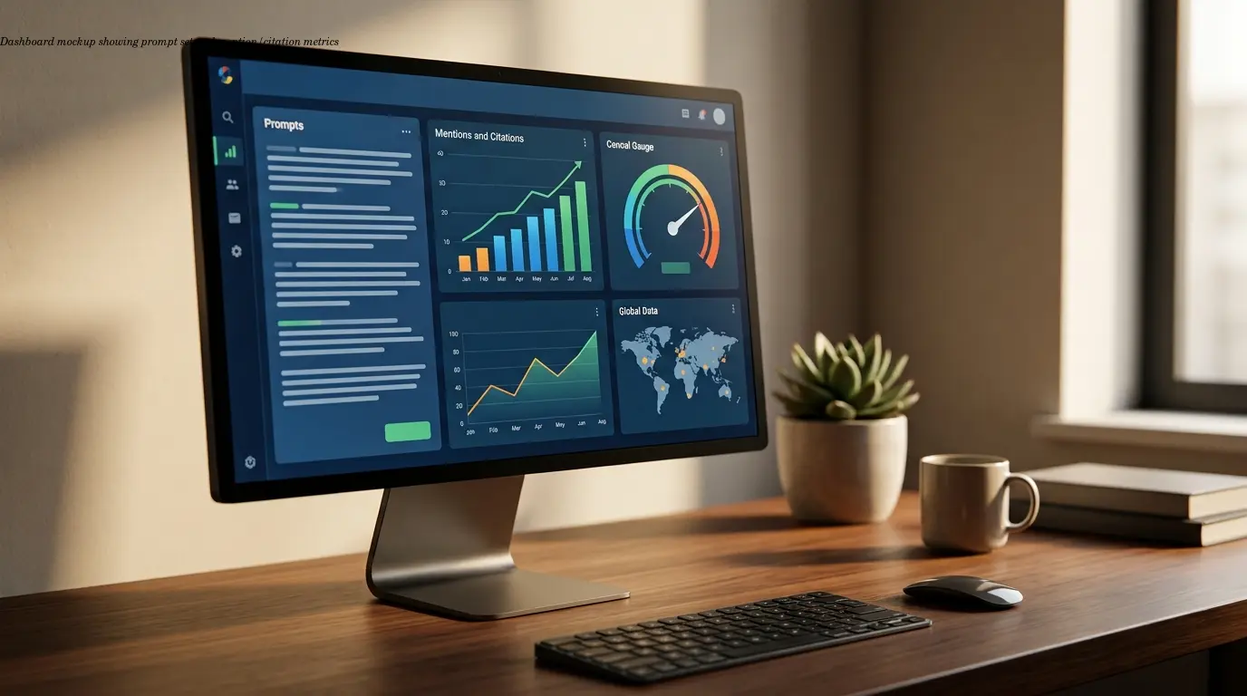 Dashboard mockup showing prompt set and mention/citation metrics