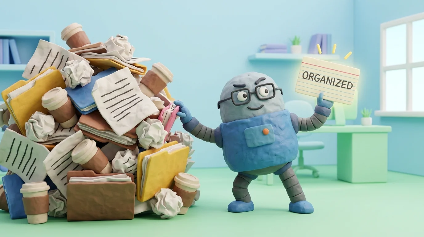 Featured Image: A cute, slightly annoyed robot wearing reading glasses, pushing away a massive, messy stack of papers and happily grabbing a single, glowing index card. Modern 3D claymation style, clean pastel background, 16:9.