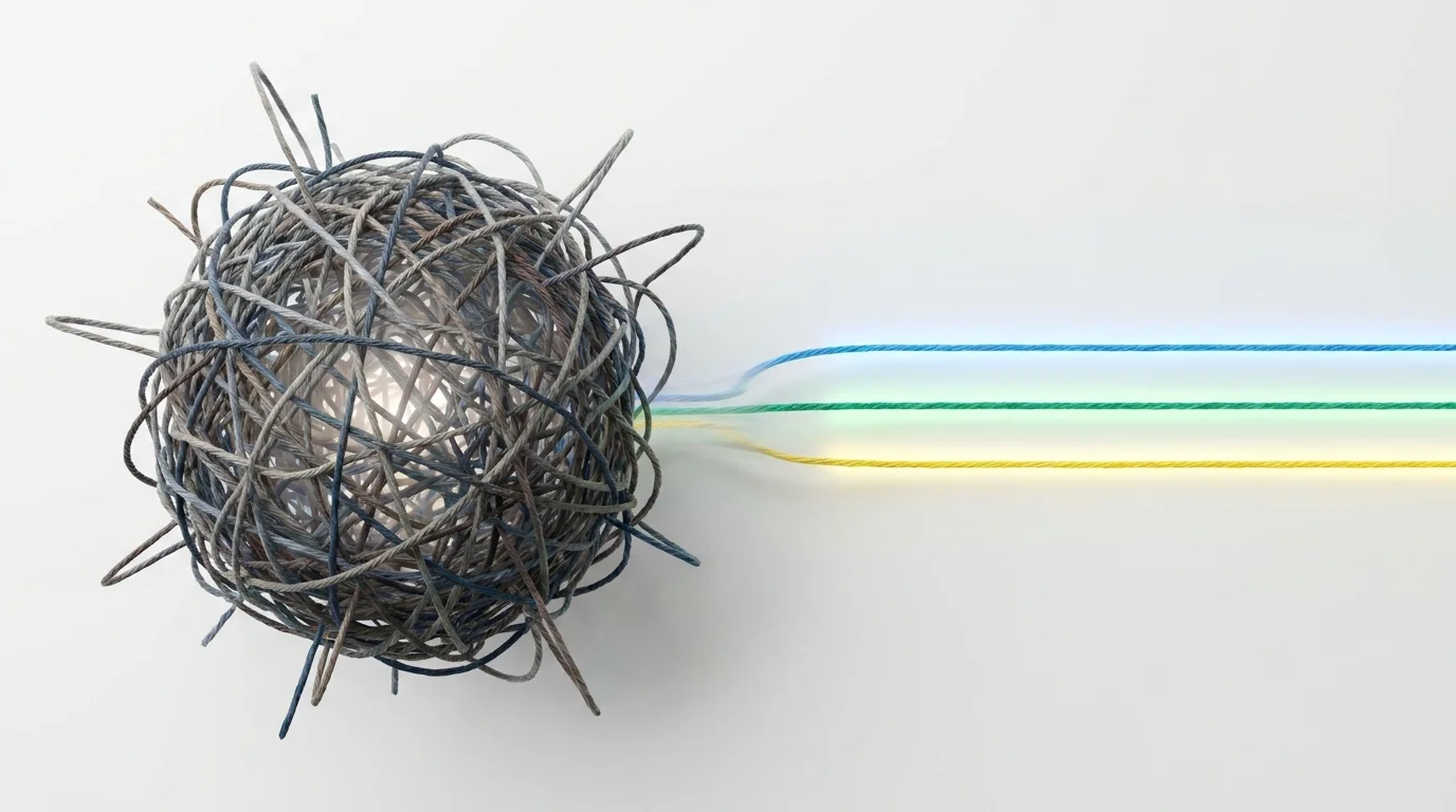 Image Placeholder 2: A chaotic, tangled ball of yarn on the left side. On the right side, the yarn is neatly sorted into three perfectly straight, colorful lines. Minimalist 3D render.