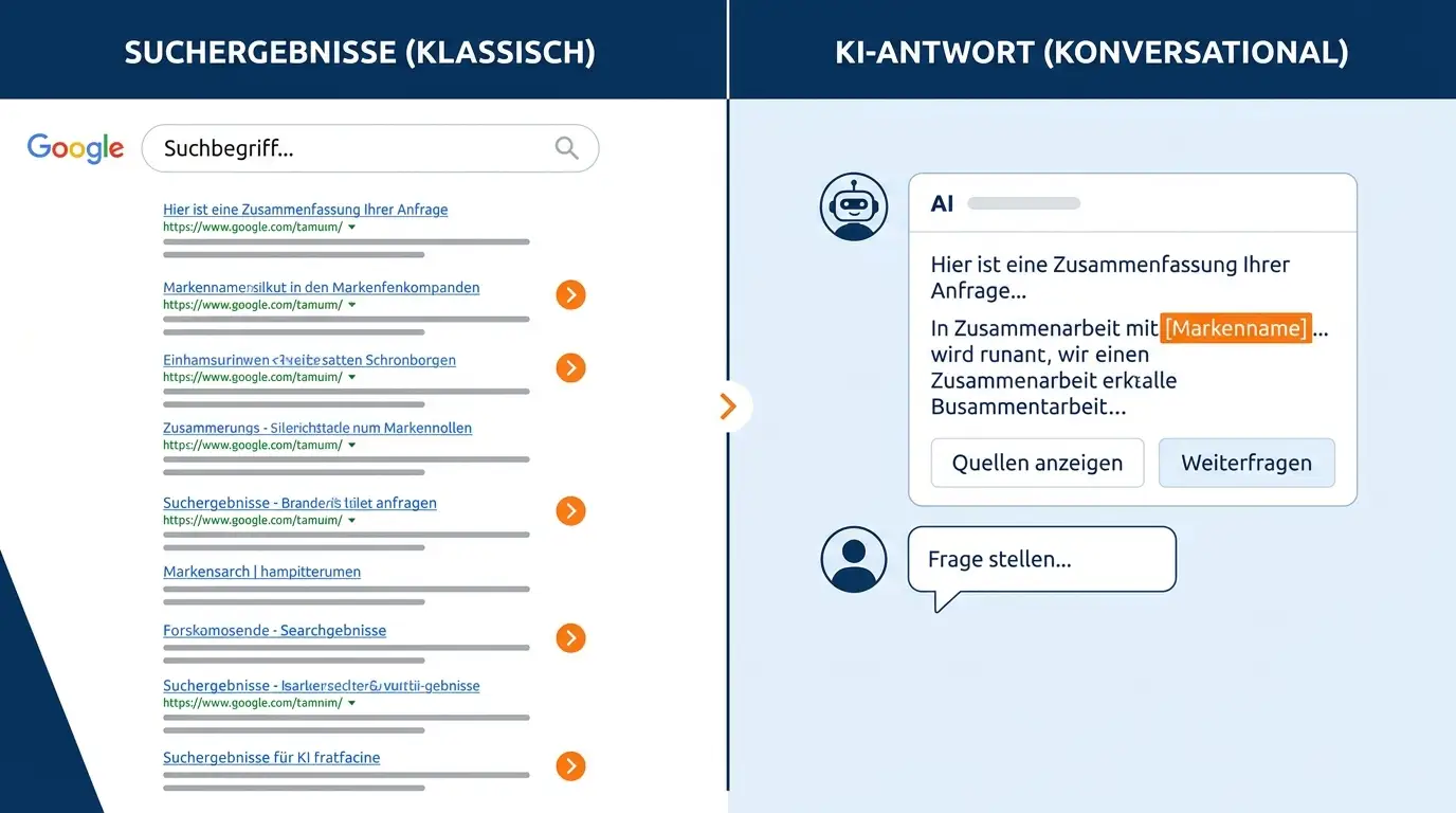 Vergleich klassische Google-SERP vs. KI-Antwort mit Markennennung