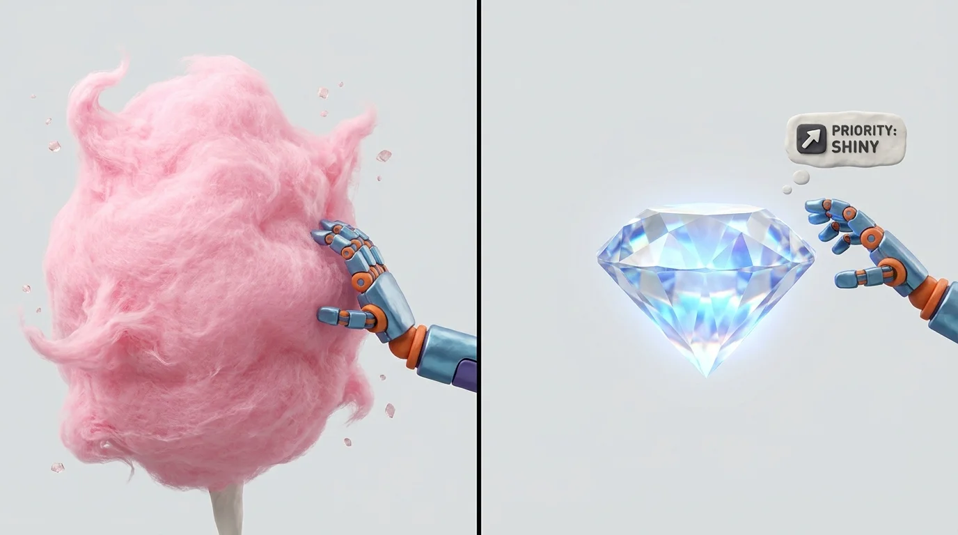 Featured Image: A robot aggressively shoving a massive, fluffy pink cotton candy out of the way to grab a sharp, glowing diamond.